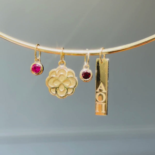 Ruby Gemstone Charm shown on Neck Collar with AOPi Rose Charm, Garnet Gemstone Charm, and AOPi Layering Bar in gold