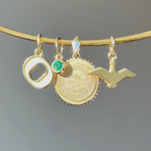 Oregon Logo Charm, Emerald Gemstone Charm, Oregon Sunburst Pendant, and Oregon Flying Duck Charm shown on Neck Collar in gold moving