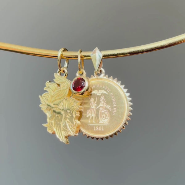 South Carolina Gamecock Charm, Garnet Gemstone, and South Carolina Seal Sunburst Pendant shown in gold on Neck Collar