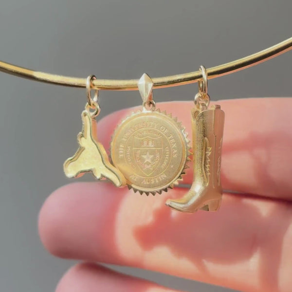 UT Longhorn Charm, UT Sunburst Pendant, and Cowboy Boot Charm shown in gold on Neck Collar