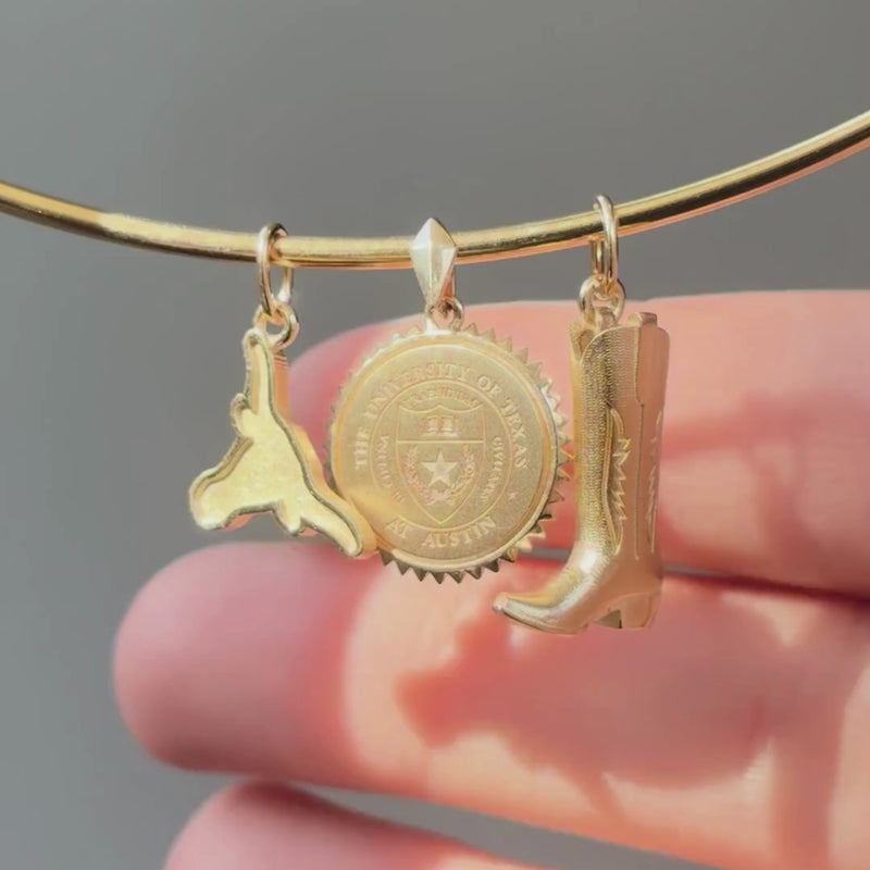 UT Longhorn Charm, UT Sunburst Pendant, and Cowboy Boot Charm shown in gold on Neck Collar