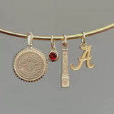 Alabama Sunburst Pendant, Garnet Gemstone Charm, Alabama Denny Chimes Pendant, and Alabama Logo Charm shown on Neck Collar in Gold