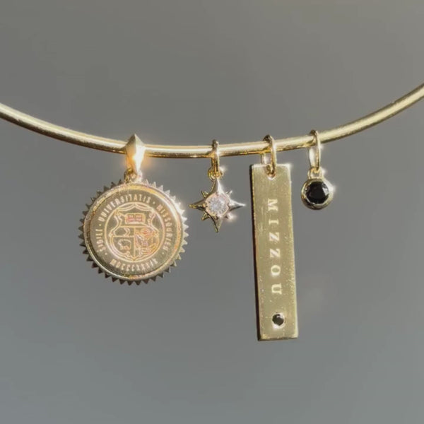 Mizzou Sunburst Pendant with North Star Charm and Mizzou Black Onyx Bar, and Black Onyx Gemstone Charm shown in gold on Neck Collar