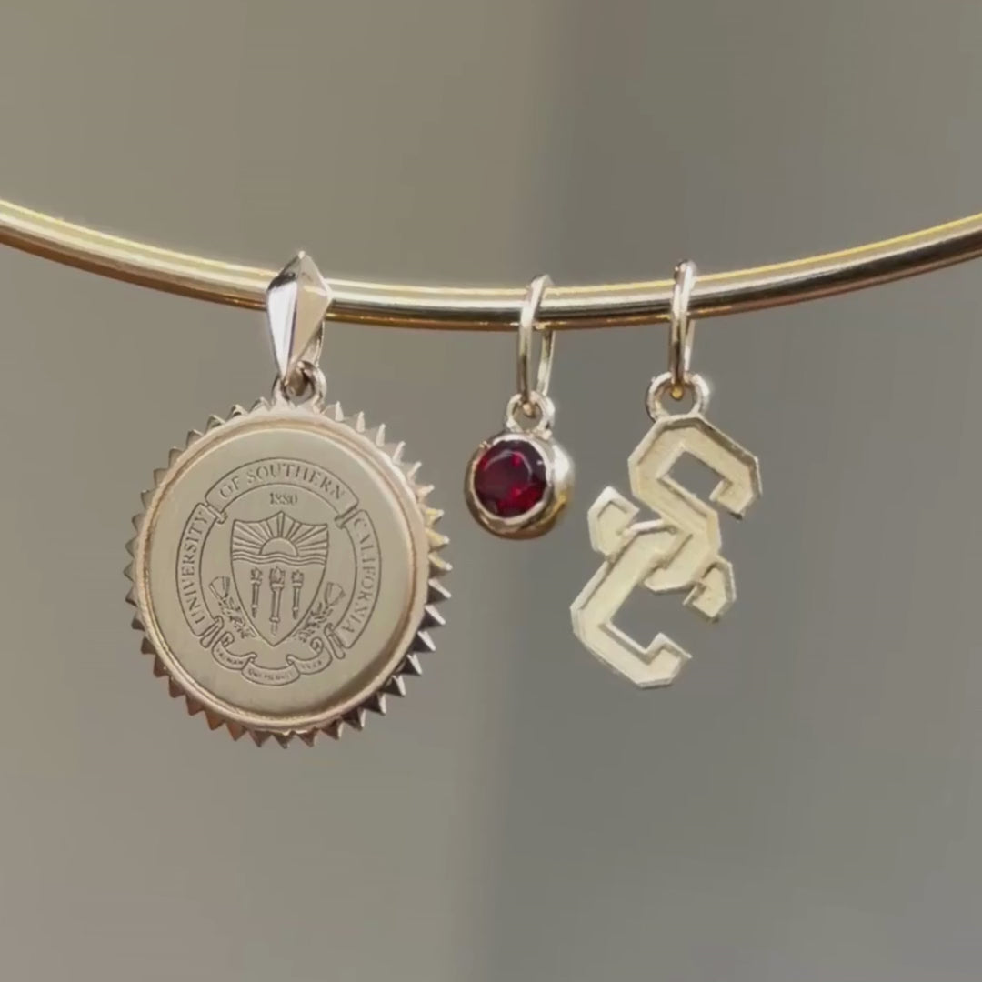 USC Sunburst Pendant, Garnet Gemstone Charm, USC Logo Charm in gold on Neck Collar