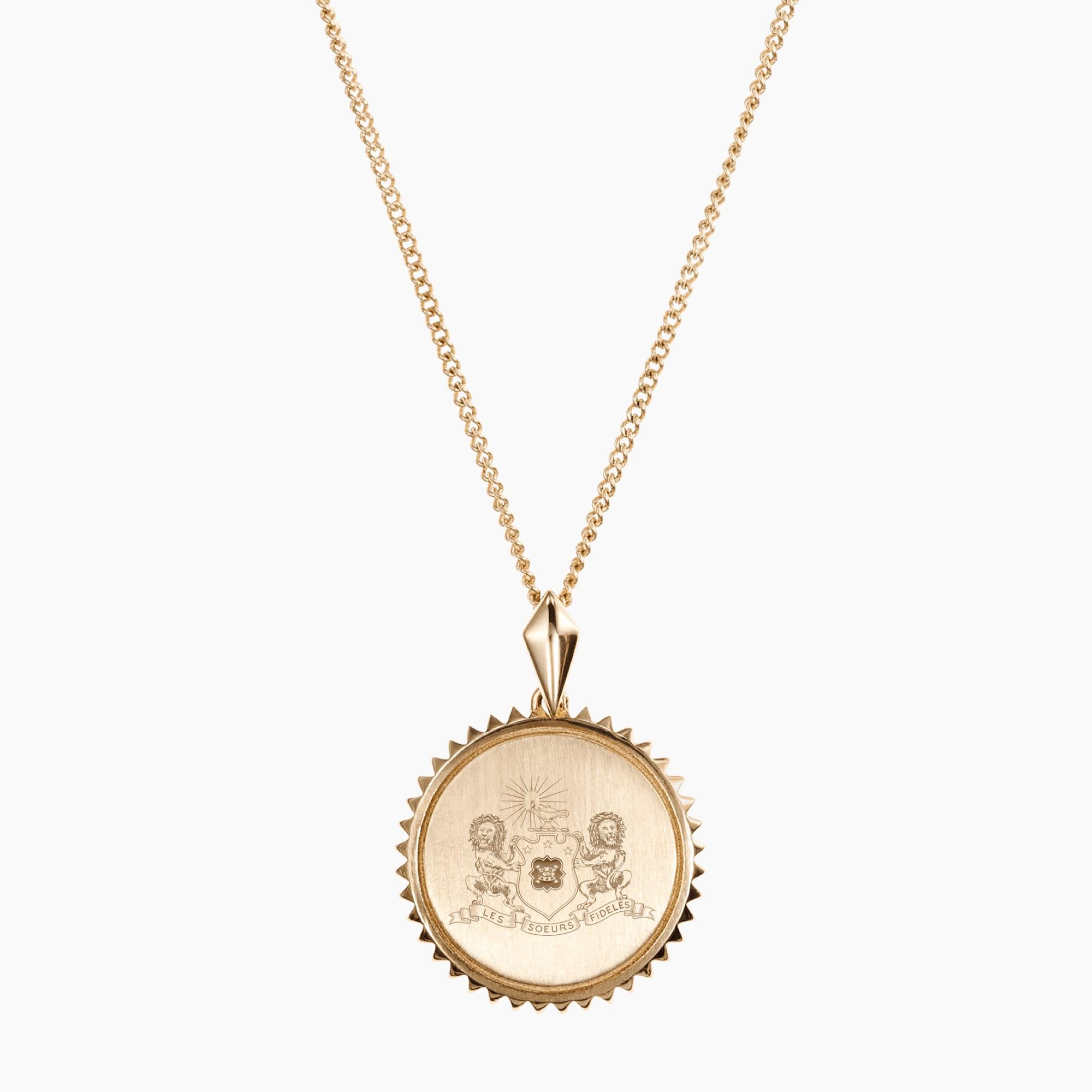 Gold Phi Mu Sunburst Crest Necklace